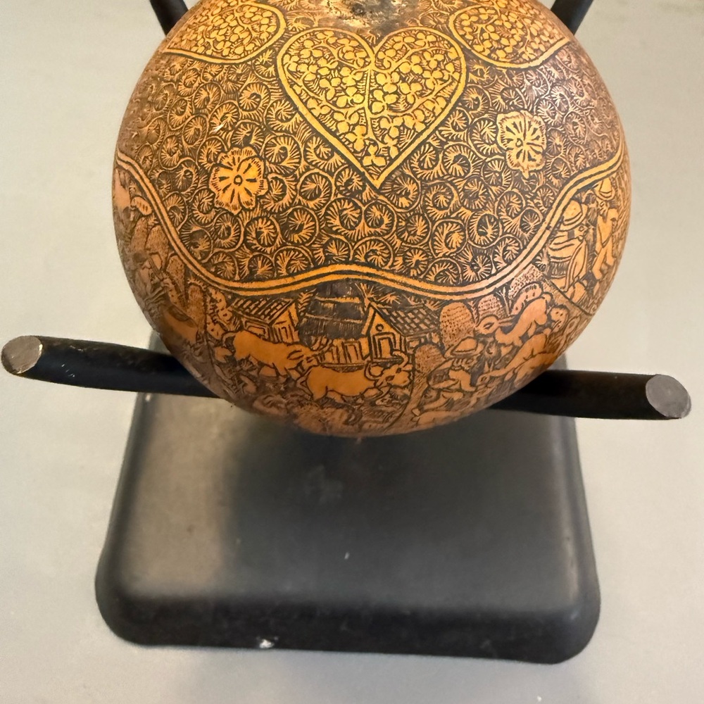 Source Unknown Intricate Carved Gourd - Black and Brown